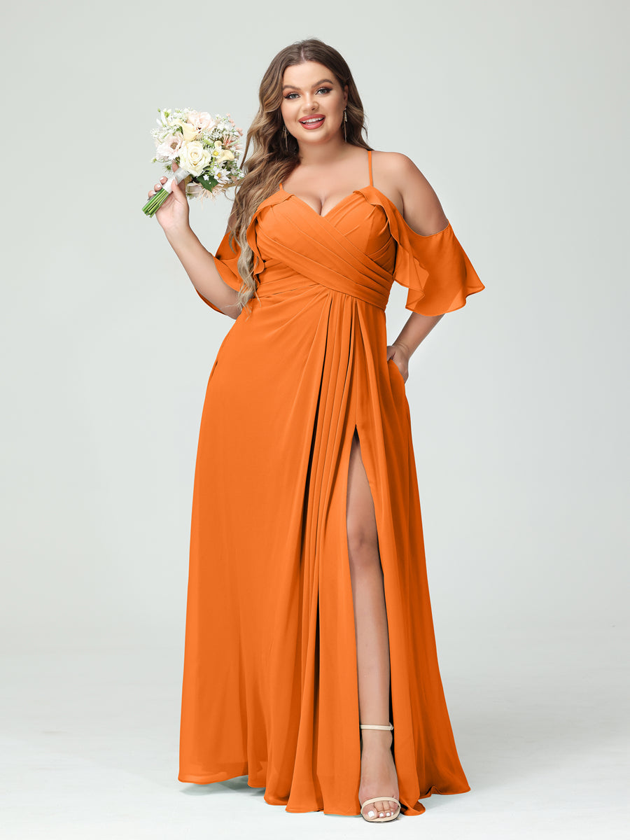 A-Line/Princess Spaghetti Straps Short Sleeves Chiffon Plus Size Bridesmaid Dresses with Pockets,Ruched Split Side