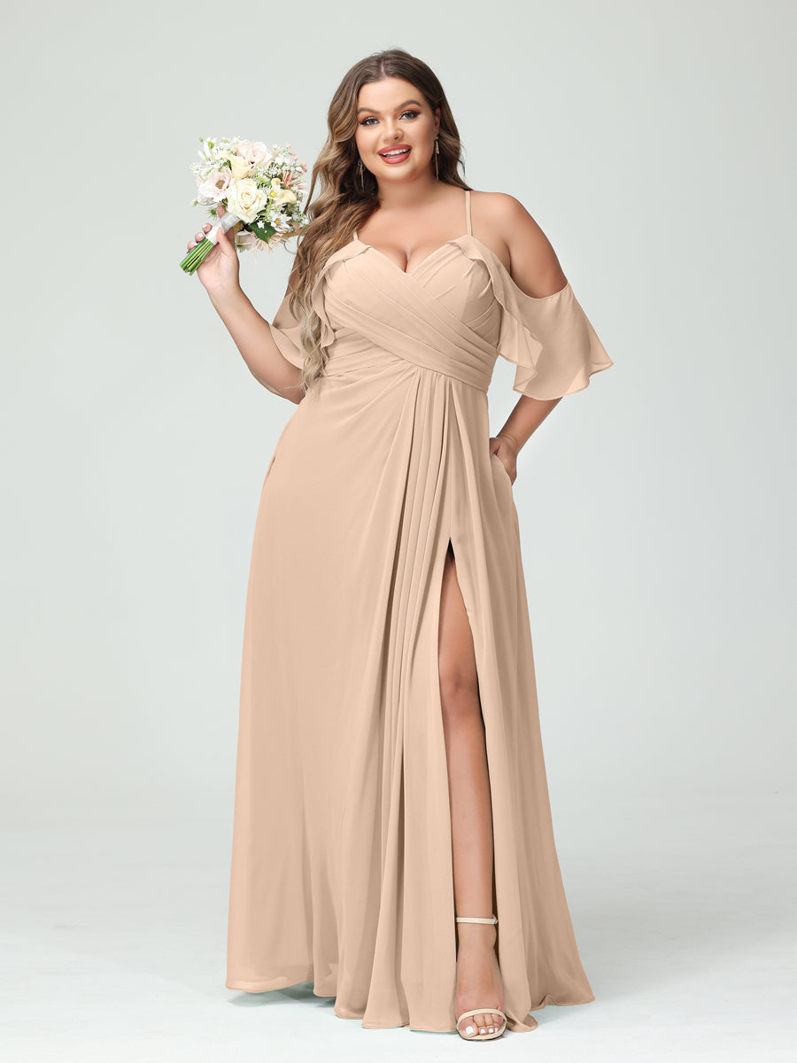 A-Line/Princess Spaghetti Straps Short Sleeves Chiffon Plus Size Bridesmaid Dresses with Pockets,Ruched Split Side