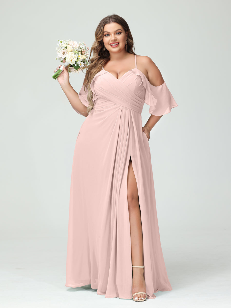A-Line/Princess Spaghetti Straps Short Sleeves Chiffon Plus Size Bridesmaid Dresses with Pockets,Ruched Split Side