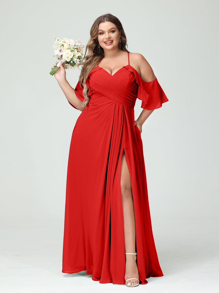 A-Line/Princess Spaghetti Straps Short Sleeves Chiffon Plus Size Bridesmaid Dresses with Pockets,Ruched Split Side