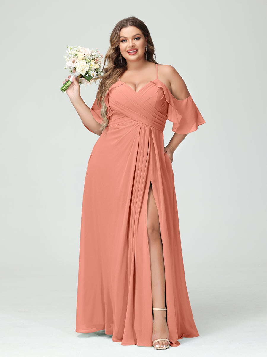 A-Line/Princess Spaghetti Straps Short Sleeves Chiffon Plus Size Bridesmaid Dresses with Pockets,Ruched Split Side