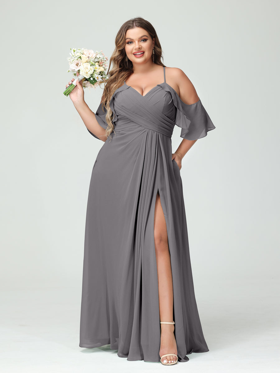 A-Line/Princess Spaghetti Straps Short Sleeves Chiffon Plus Size Bridesmaid Dresses with Pockets,Ruched Split Side