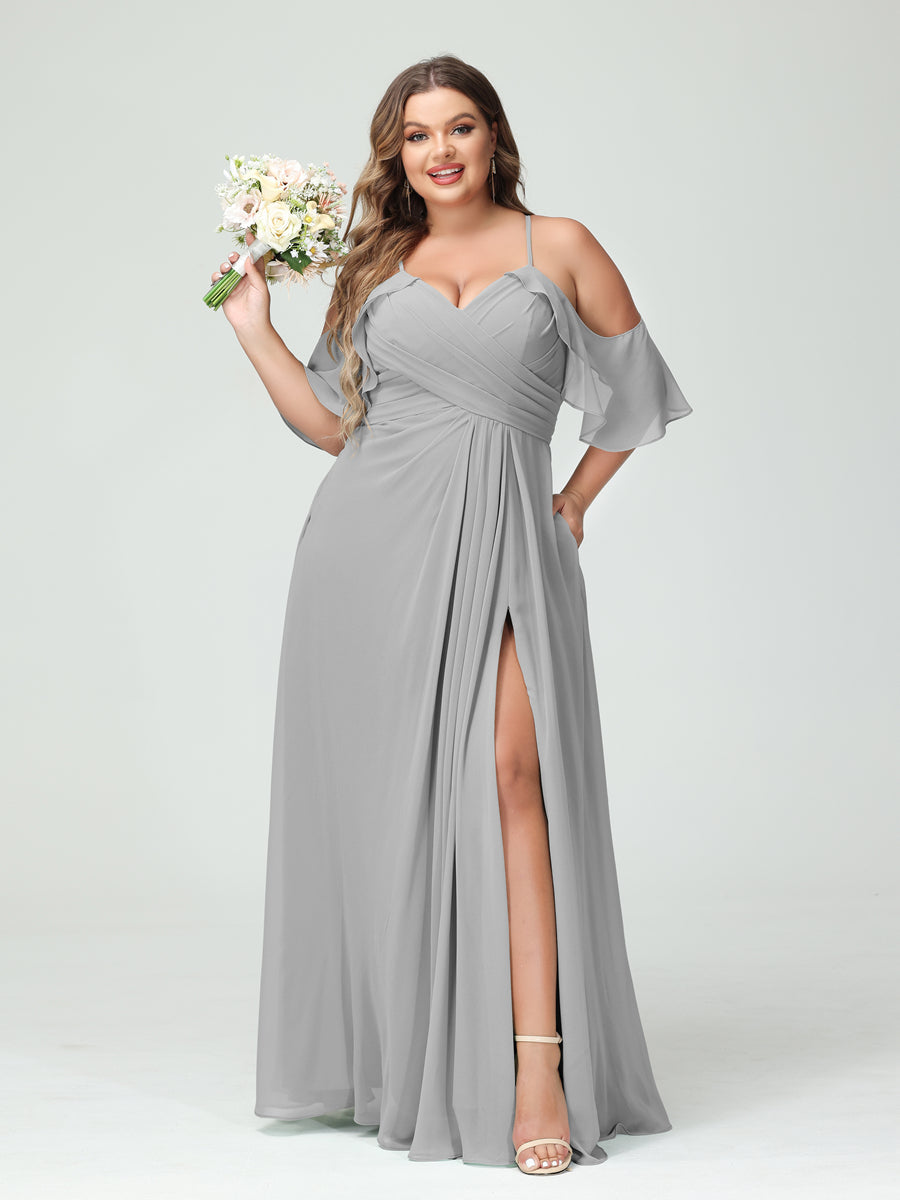 A-Line/Princess Spaghetti Straps Short Sleeves Chiffon Plus Size Bridesmaid Dresses with Pockets,Ruched Split Side