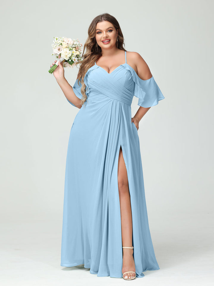A-Line/Princess Spaghetti Straps Short Sleeves Chiffon Plus Size Bridesmaid Dresses with Pockets,Ruched Split Side