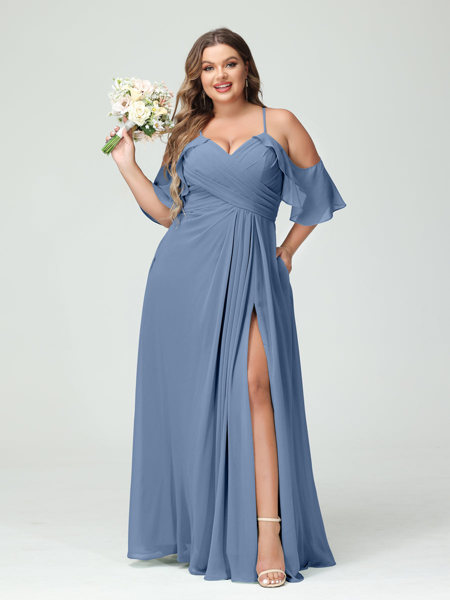 A-Line/Princess Spaghetti Straps Short Sleeves Chiffon Plus Size Bridesmaid Dresses with Pockets,Ruched Split Side