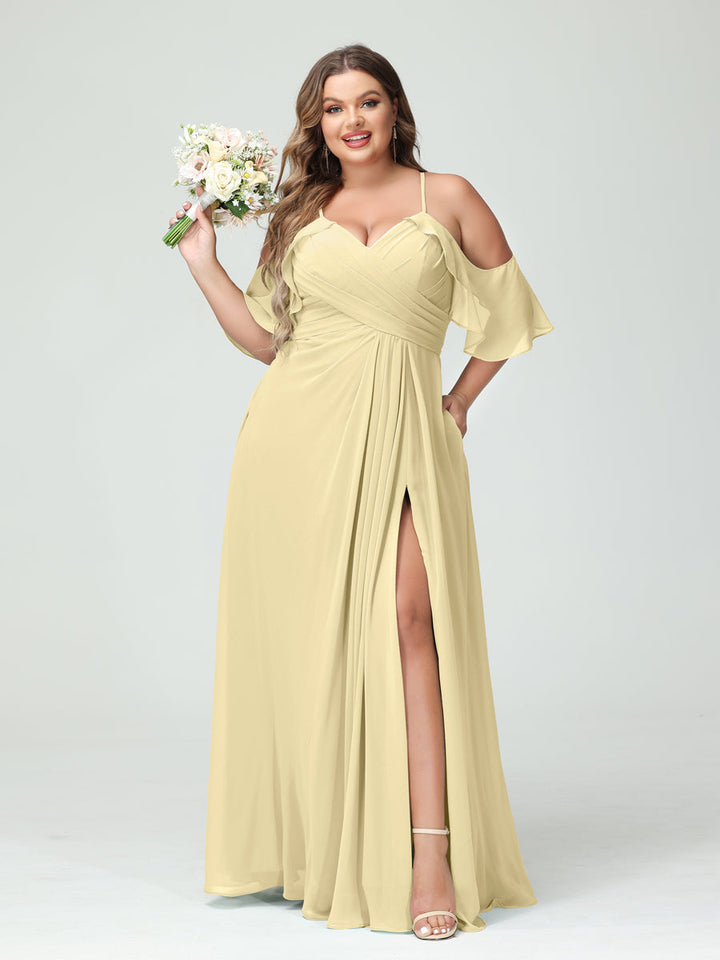 A-Line/Princess Spaghetti Straps Short Sleeves Chiffon Plus Size Bridesmaid Dresses with Pockets,Ruched Split Side
