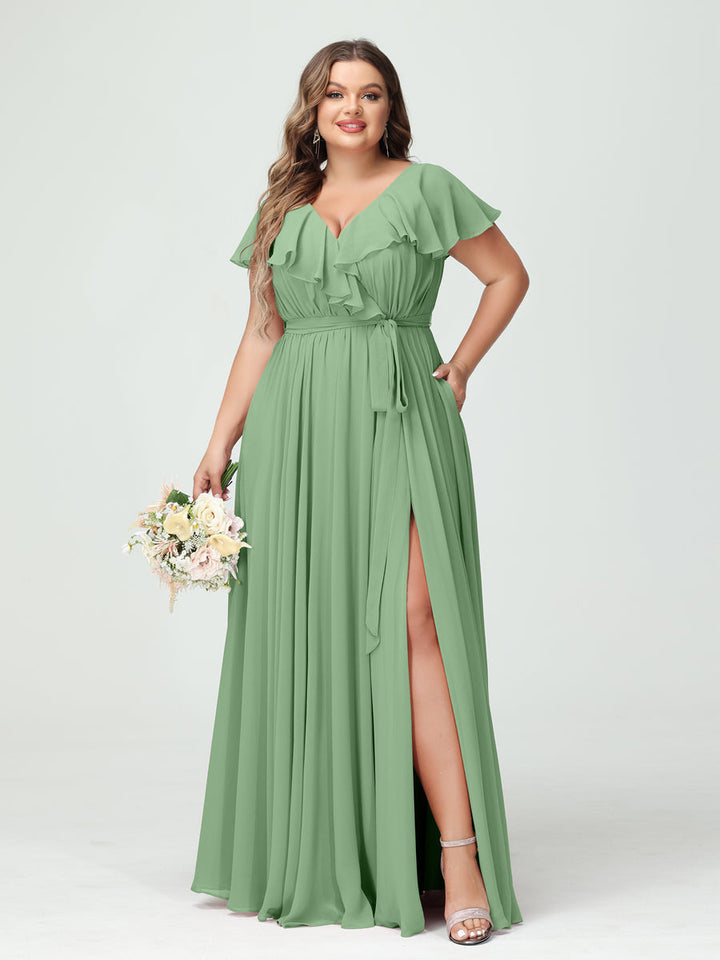 A-Line/Princess V-Neck Short Sleeves Chiffon Plus Size Bridesmaid Dresses With Pockets,Ruffles  ,Ruched & Split Side