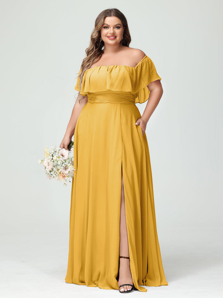 A-Line/Princess Off-the-Shoulder Short Sleeves Chiffon Plus Size Bridesmaid Dresses with Pockets & Split Side