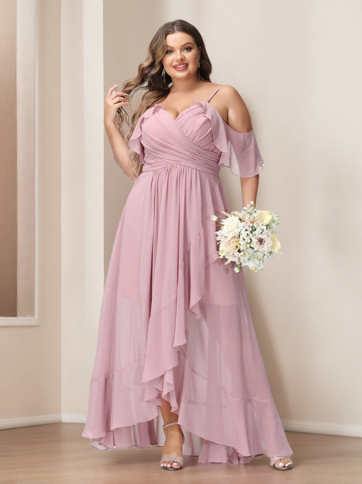 A-Line/Princess Spaghetti Straps V-Neck Short Sleeves Chiffon Asymmetrical Plus Size Bridesmaid Dresses with Ruffles