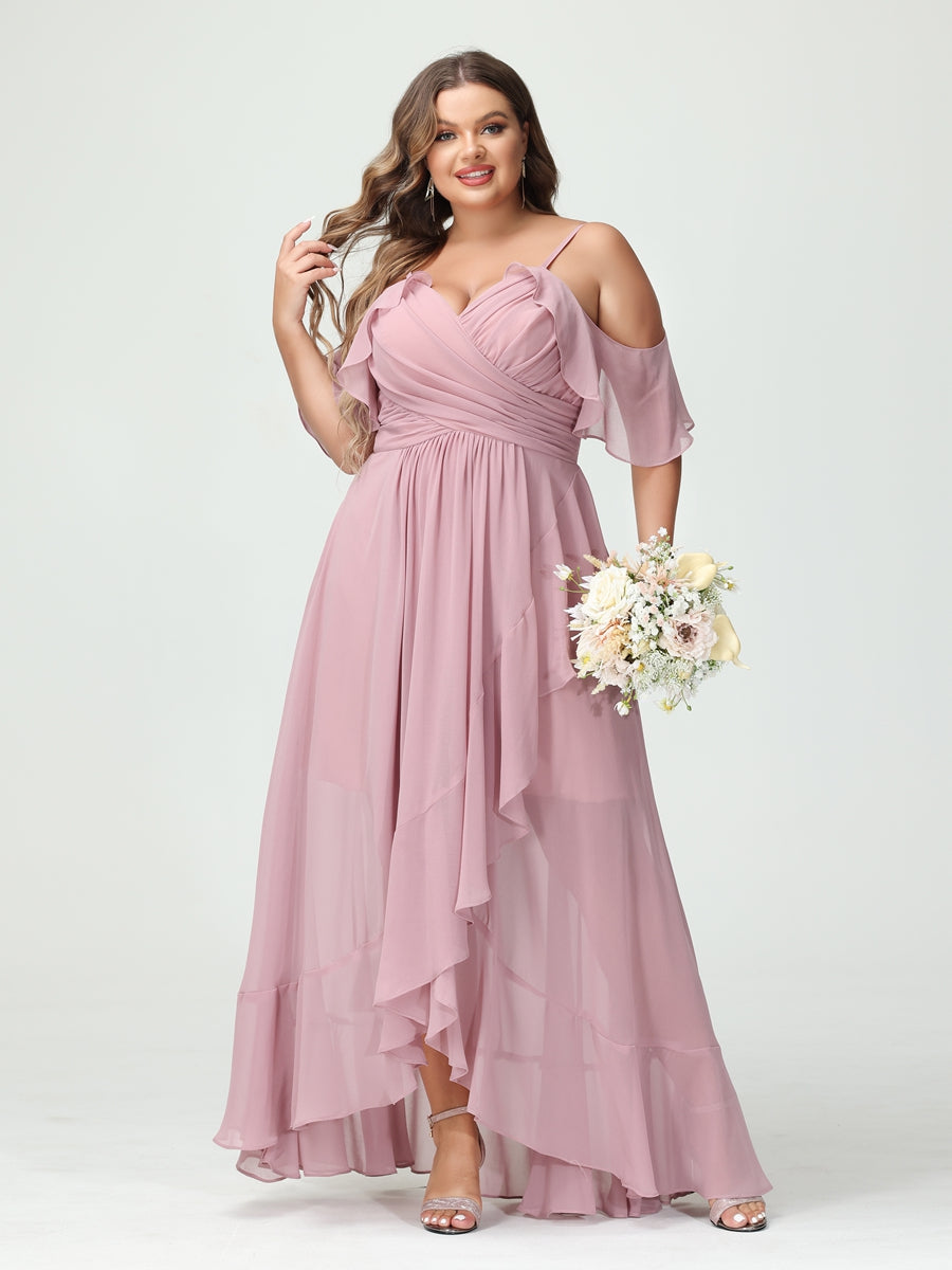 A-Line/Princess Spaghetti Straps V-Neck Short Sleeves Chiffon Asymmetrical Plus Size Bridesmaid Dresses with Ruffles