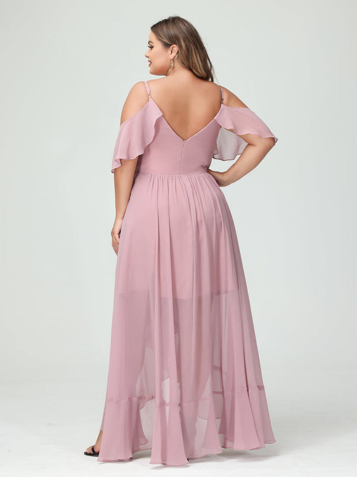A-Line/Princess Spaghetti Straps V-Neck Short Sleeves Chiffon Asymmetrical Plus Size Bridesmaid Dresses with Ruffles
