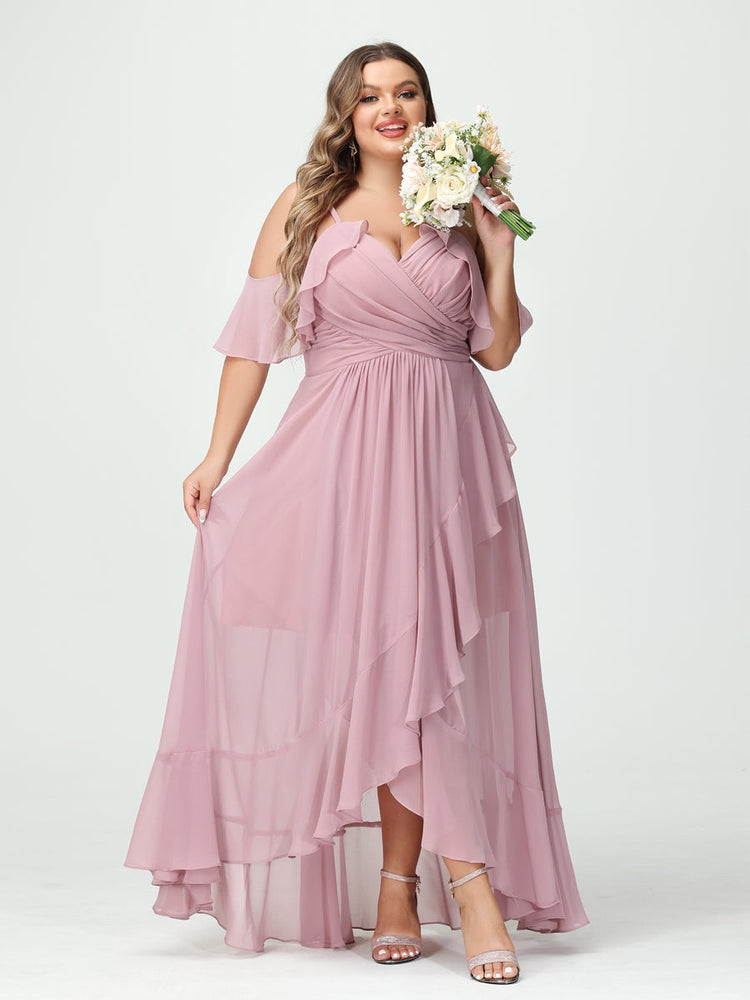 A-Line/Princess Spaghetti Straps V-Neck Short Sleeves Chiffon Asymmetrical Plus Size Bridesmaid Dresses with Ruffles