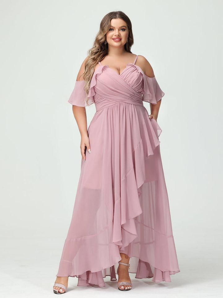 A-Line/Princess Spaghetti Straps V-Neck Short Sleeves Chiffon Asymmetrical Plus Size Bridesmaid Dresses with Ruffles
