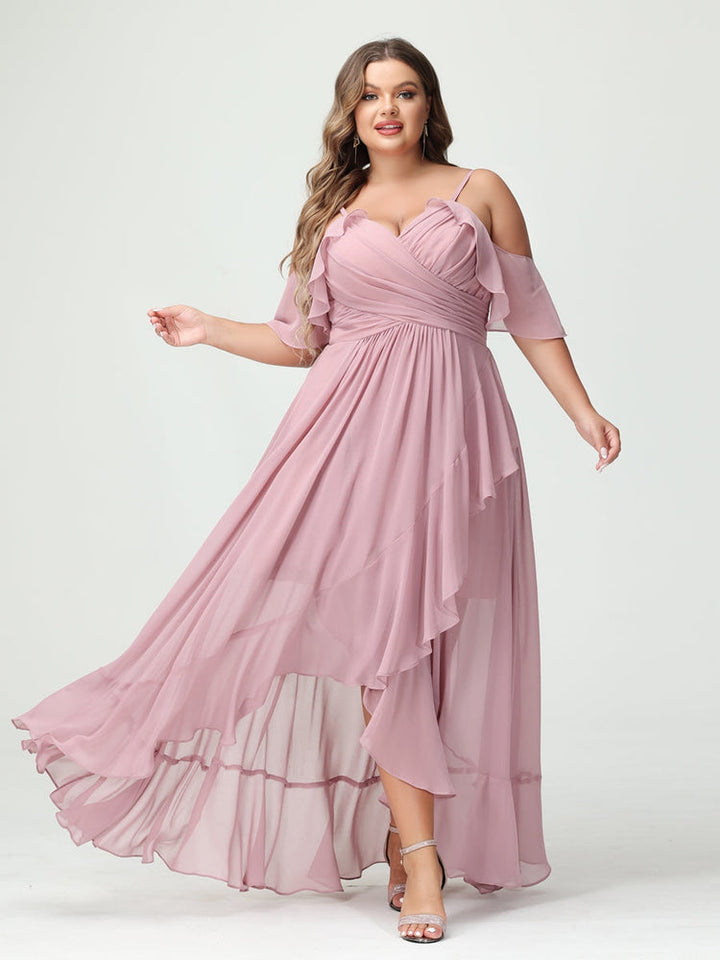 A-Line/Princess Spaghetti Straps V-Neck Short Sleeves Chiffon Asymmetrical Plus Size Bridesmaid Dresses with Ruffles