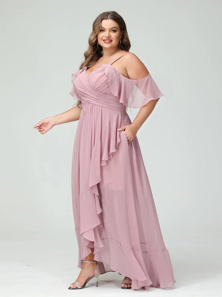 A-Line/Princess Spaghetti Straps V-Neck Short Sleeves Chiffon Asymmetrical Plus Size Bridesmaid Dresses with Ruffles
