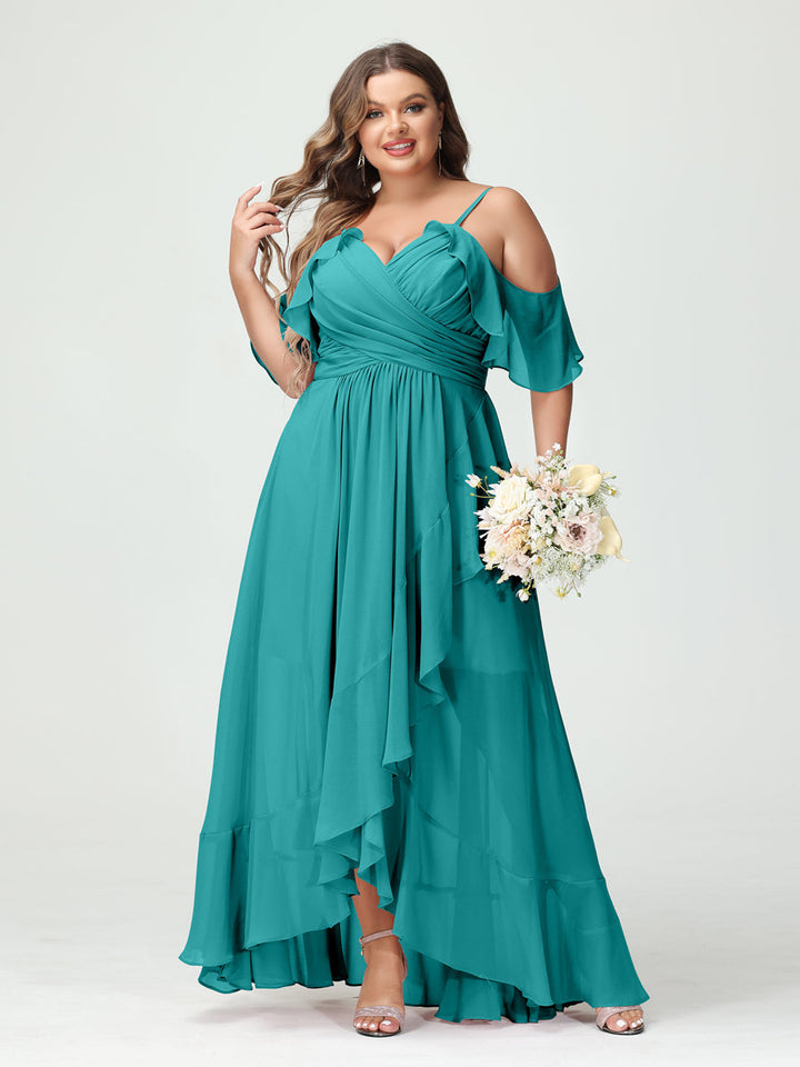 A-Line/Princess Spaghetti Straps V-Neck Short Sleeves Chiffon Asymmetrical Plus Size Bridesmaid Dresses with Ruffles