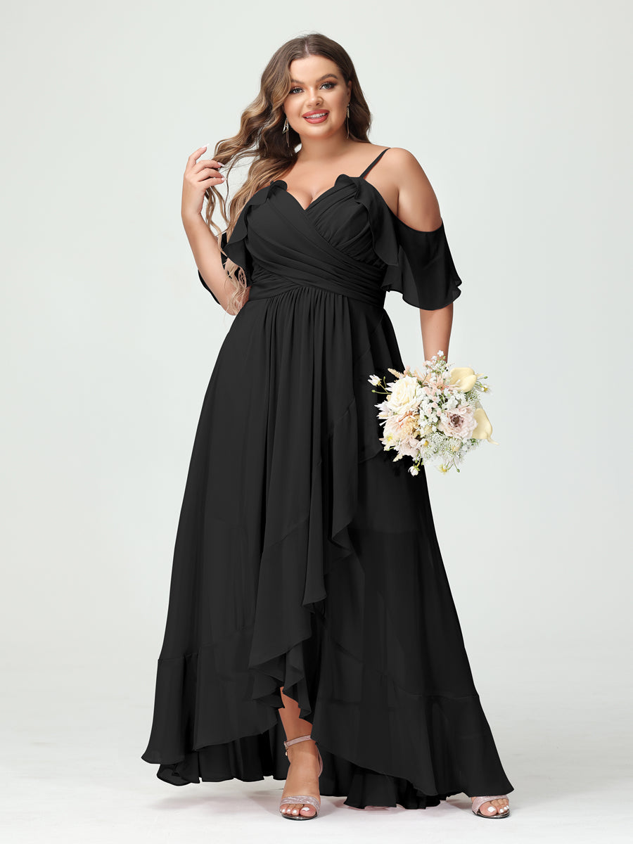 A-Line/Princess Spaghetti Straps V-Neck Short Sleeves Chiffon Asymmetrical Plus Size Bridesmaid Dresses with Ruffles