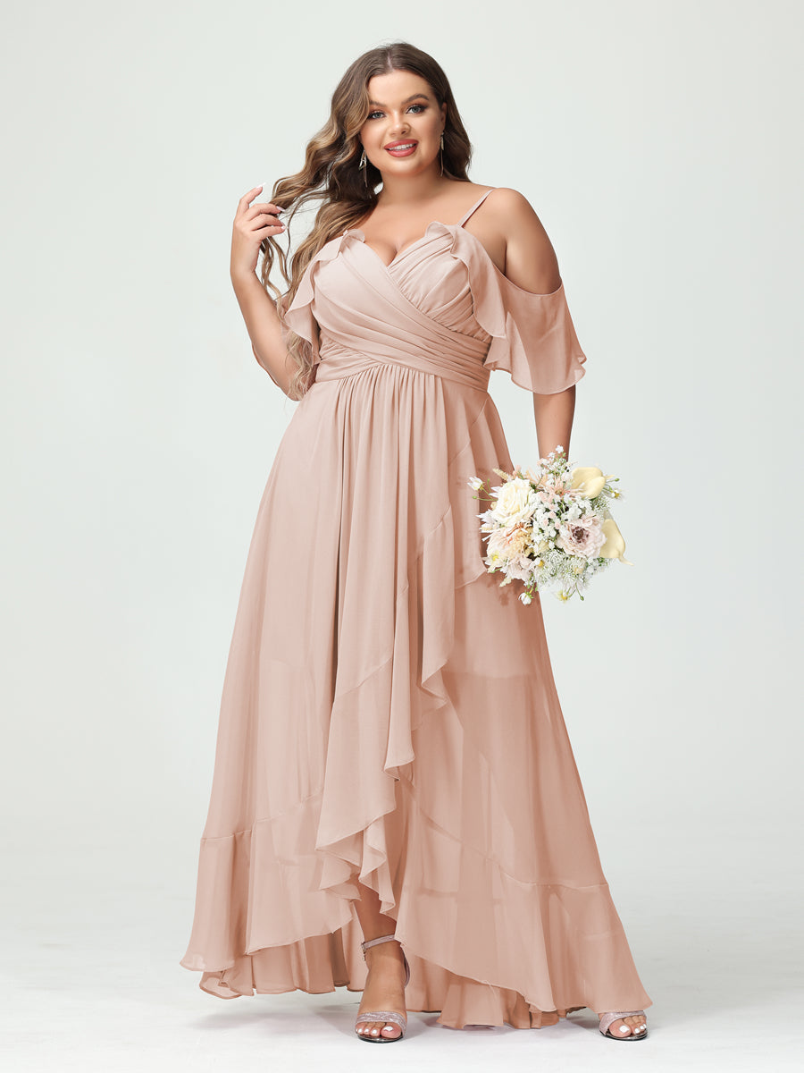 A-Line/Princess Spaghetti Straps V-Neck Short Sleeves Chiffon Asymmetrical Plus Size Bridesmaid Dresses with Ruffles