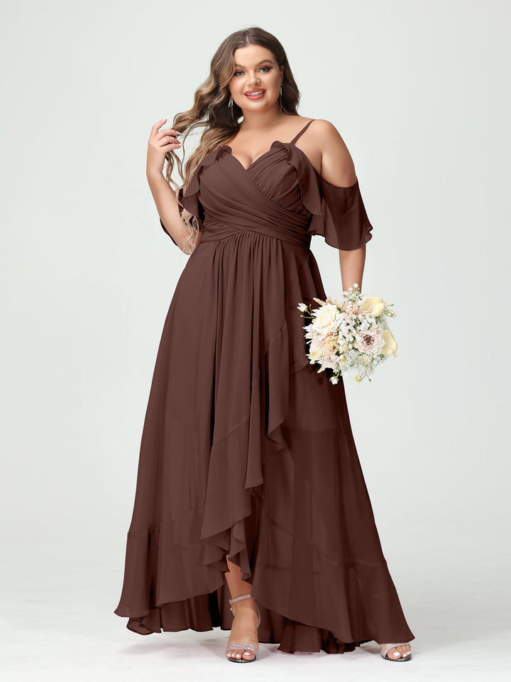 A-Line/Princess Spaghetti Straps V-Neck Short Sleeves Chiffon Asymmetrical Plus Size Bridesmaid Dresses with Ruffles