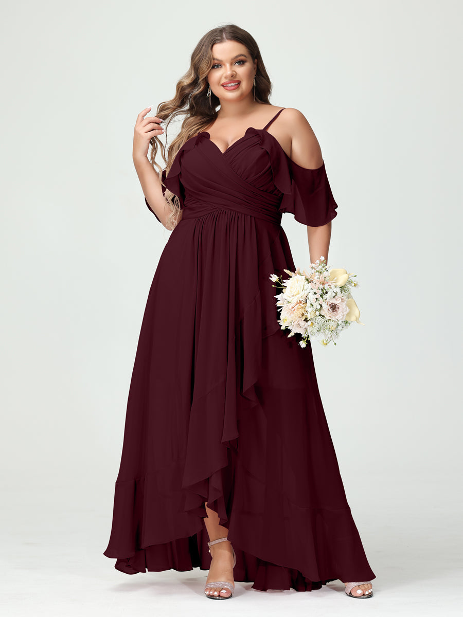 A-Line/Princess Spaghetti Straps V-Neck Short Sleeves Chiffon Asymmetrical Plus Size Bridesmaid Dresses with Ruffles