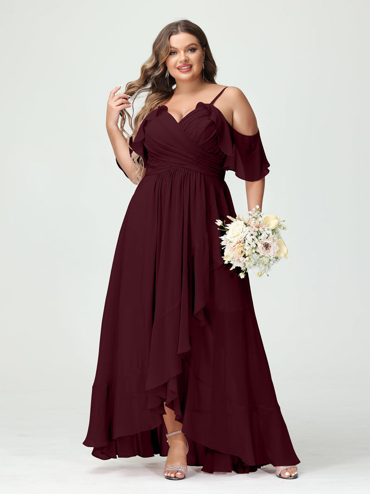 A-Line/Princess Spaghetti Straps V-Neck Short Sleeves Chiffon Asymmetrical Plus Size Bridesmaid Dresses with Ruffles