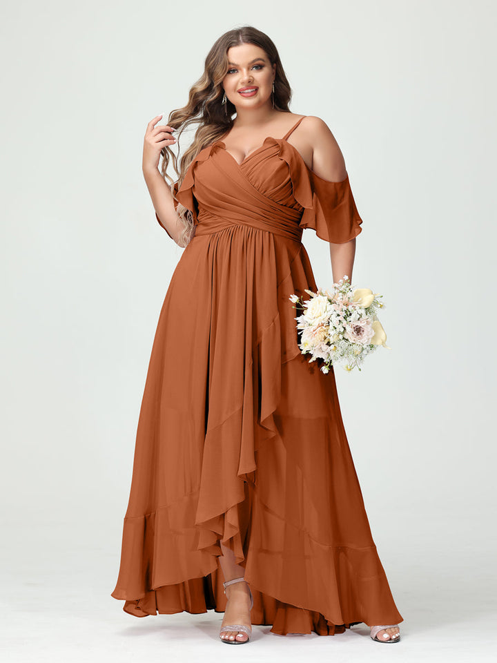 A-Line/Princess Spaghetti Straps V-Neck Short Sleeves Chiffon Asymmetrical Plus Size Bridesmaid Dresses with Ruffles