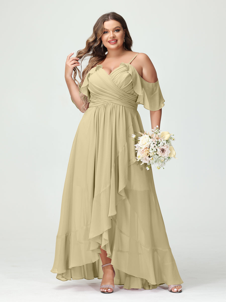 A-Line/Princess Spaghetti Straps V-Neck Short Sleeves Chiffon Asymmetrical Plus Size Bridesmaid Dresses with Ruffles