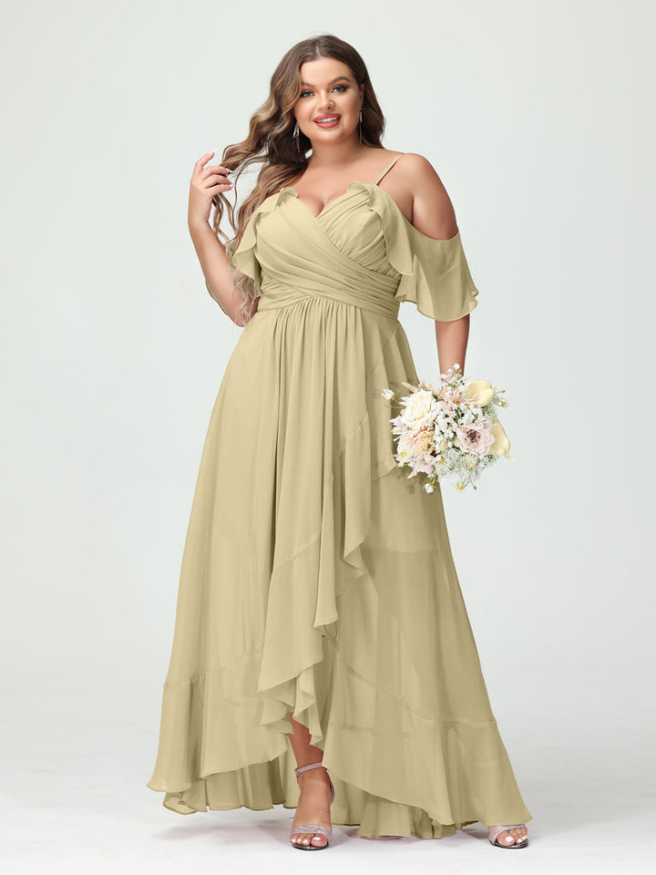 A-Line/Princess Spaghetti Straps V-Neck Short Sleeves Chiffon Asymmetrical Plus Size Bridesmaid Dresses with Ruffles