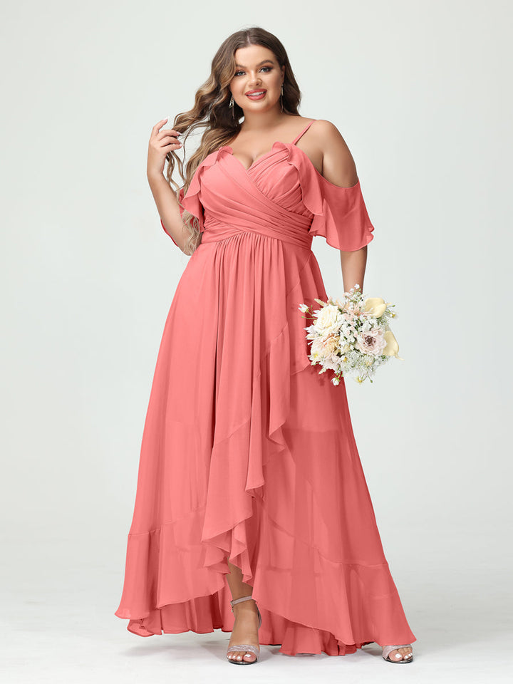 A-Line/Princess Spaghetti Straps V-Neck Short Sleeves Chiffon Asymmetrical Plus Size Bridesmaid Dresses with Ruffles