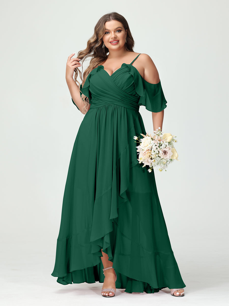 A-Line/Princess Spaghetti Straps V-Neck Short Sleeves Chiffon Asymmetrical Plus Size Bridesmaid Dresses with Ruffles