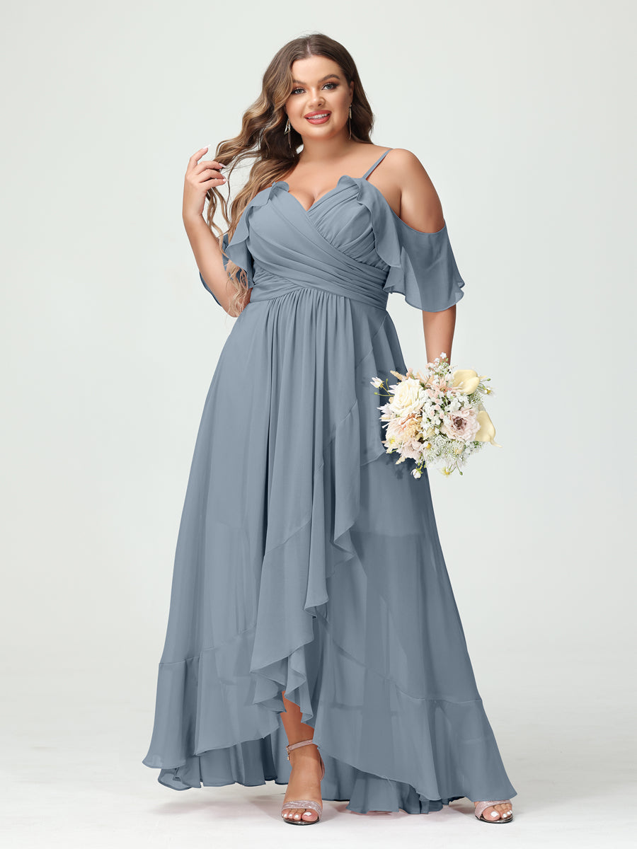 A-Line/Princess Spaghetti Straps V-Neck Short Sleeves Chiffon Asymmetrical Plus Size Bridesmaid Dresses with Ruffles