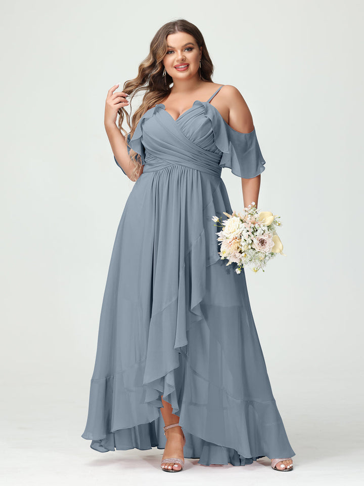 A-Line/Princess Spaghetti Straps V-Neck Short Sleeves Chiffon Asymmetrical Plus Size Bridesmaid Dresses with Ruffles