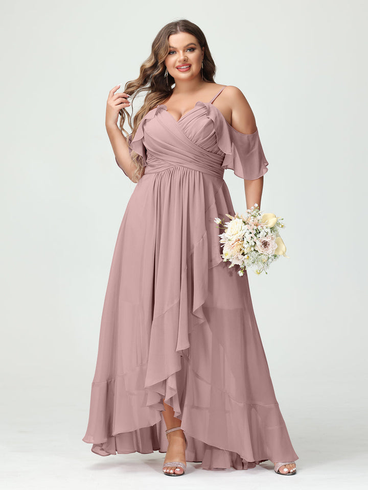 A-Line/Princess Spaghetti Straps V-Neck Short Sleeves Chiffon Asymmetrical Plus Size Bridesmaid Dresses with Ruffles