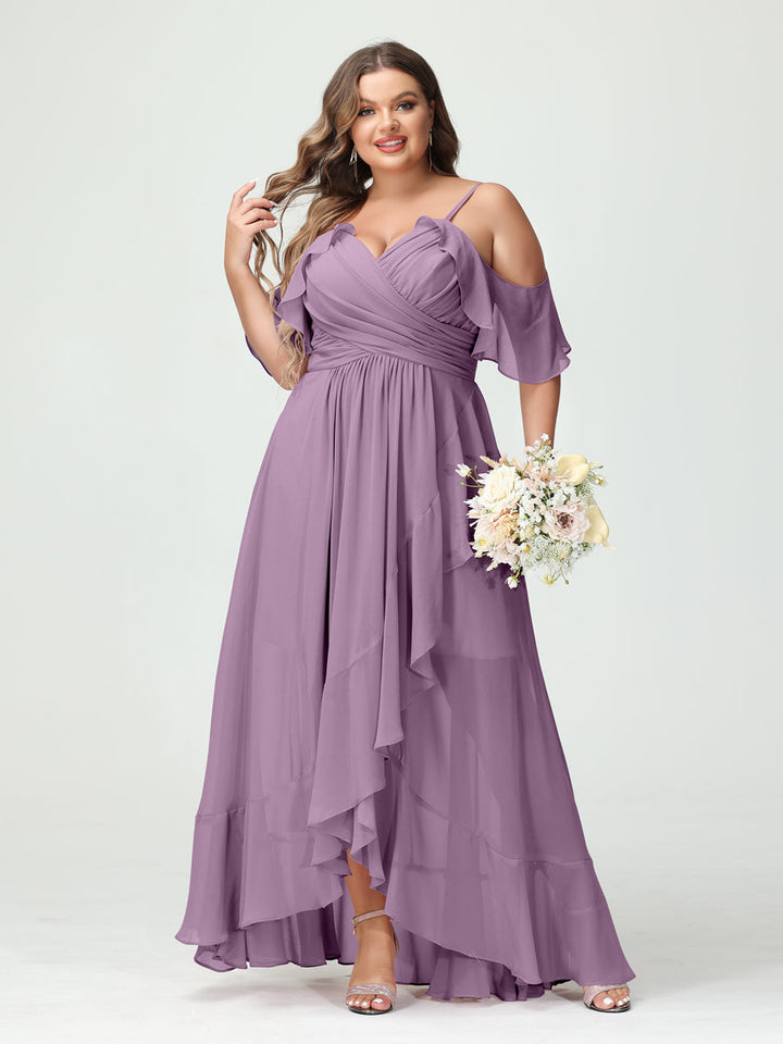 A-Line/Princess Spaghetti Straps V-Neck Short Sleeves Chiffon Asymmetrical Plus Size Bridesmaid Dresses with Ruffles