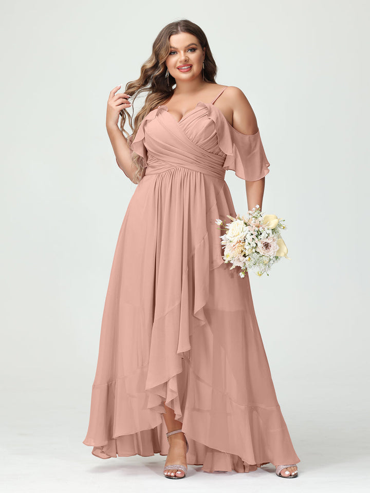 A-Line/Princess Spaghetti Straps V-Neck Short Sleeves Chiffon Asymmetrical Plus Size Bridesmaid Dresses with Ruffles