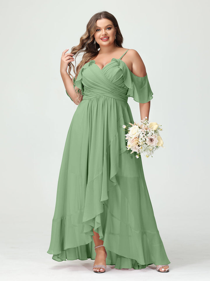 A-Line/Princess Spaghetti Straps V-Neck Short Sleeves Chiffon Asymmetrical Plus Size Bridesmaid Dresses with Ruffles