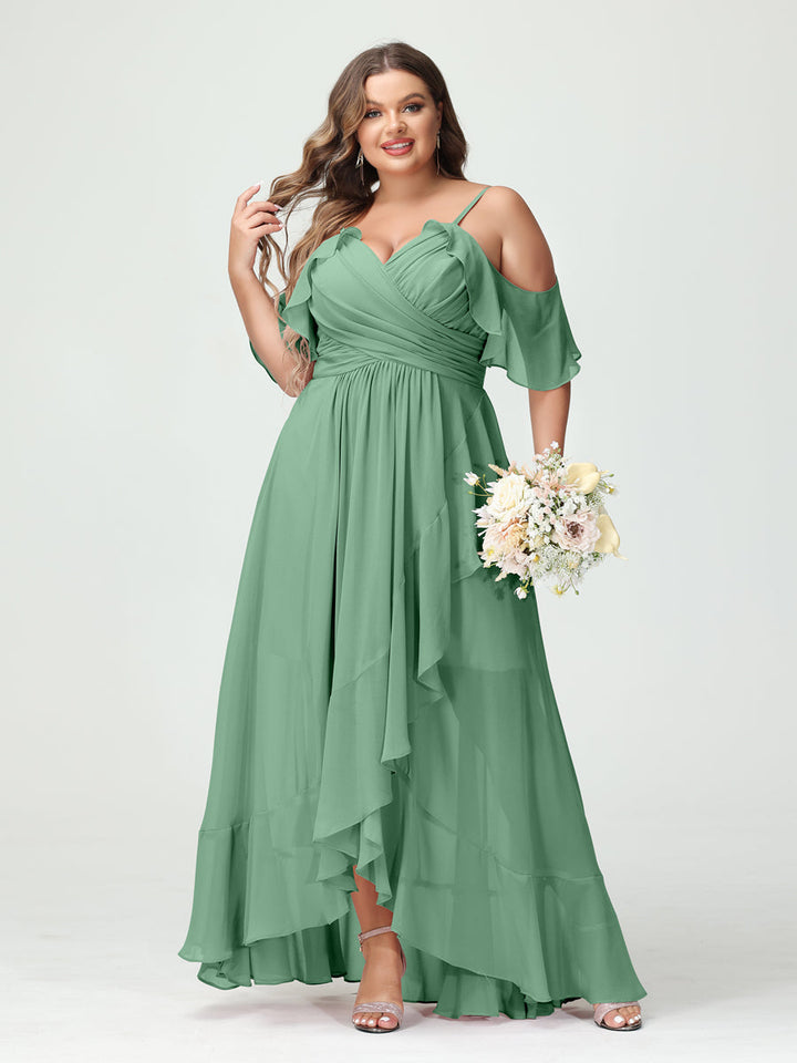 A-Line/Princess Spaghetti Straps V-Neck Short Sleeves Chiffon Asymmetrical Plus Size Bridesmaid Dresses with Ruffles