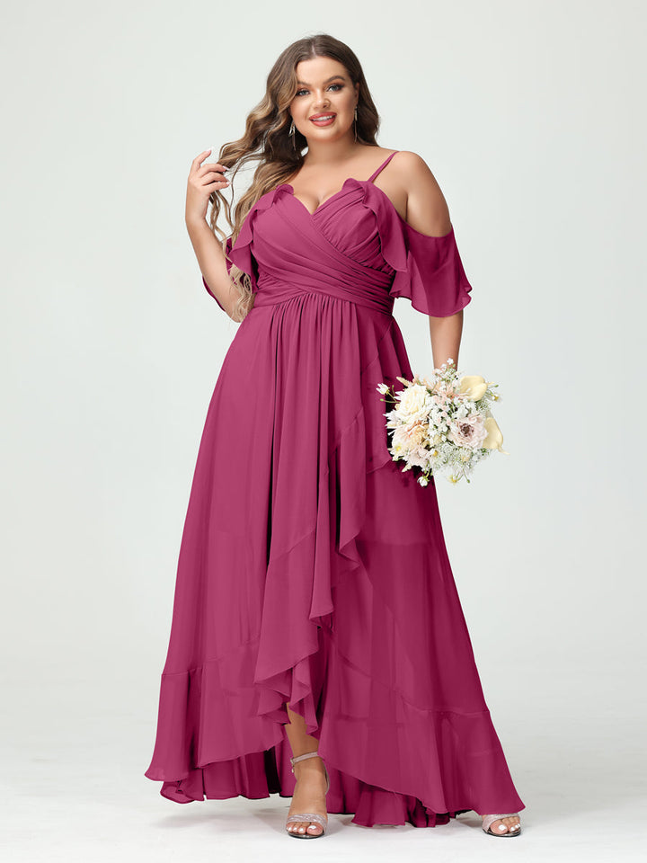 A-Line/Princess Spaghetti Straps V-Neck Short Sleeves Chiffon Asymmetrical Plus Size Bridesmaid Dresses with Ruffles