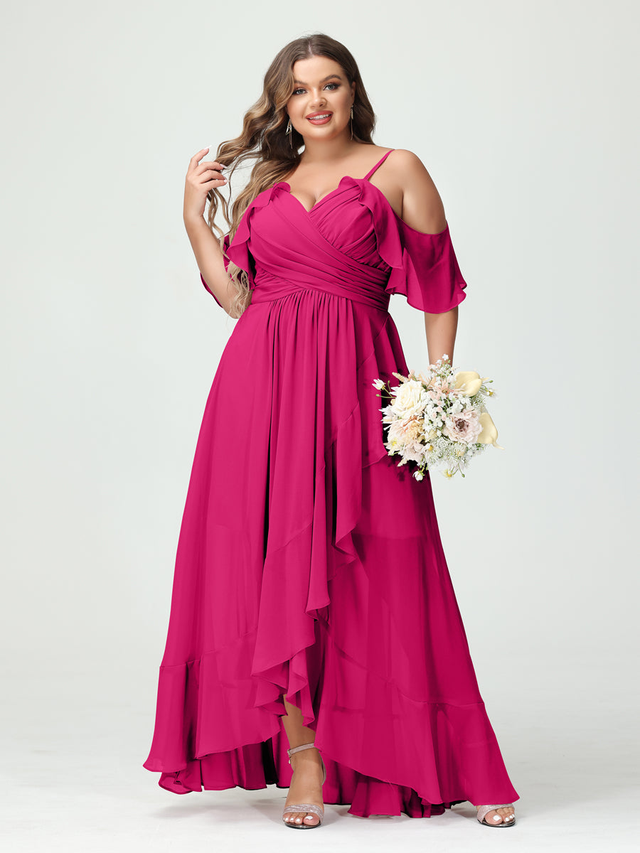 A-Line/Princess Spaghetti Straps V-Neck Short Sleeves Chiffon Asymmetrical Plus Size Bridesmaid Dresses with Ruffles