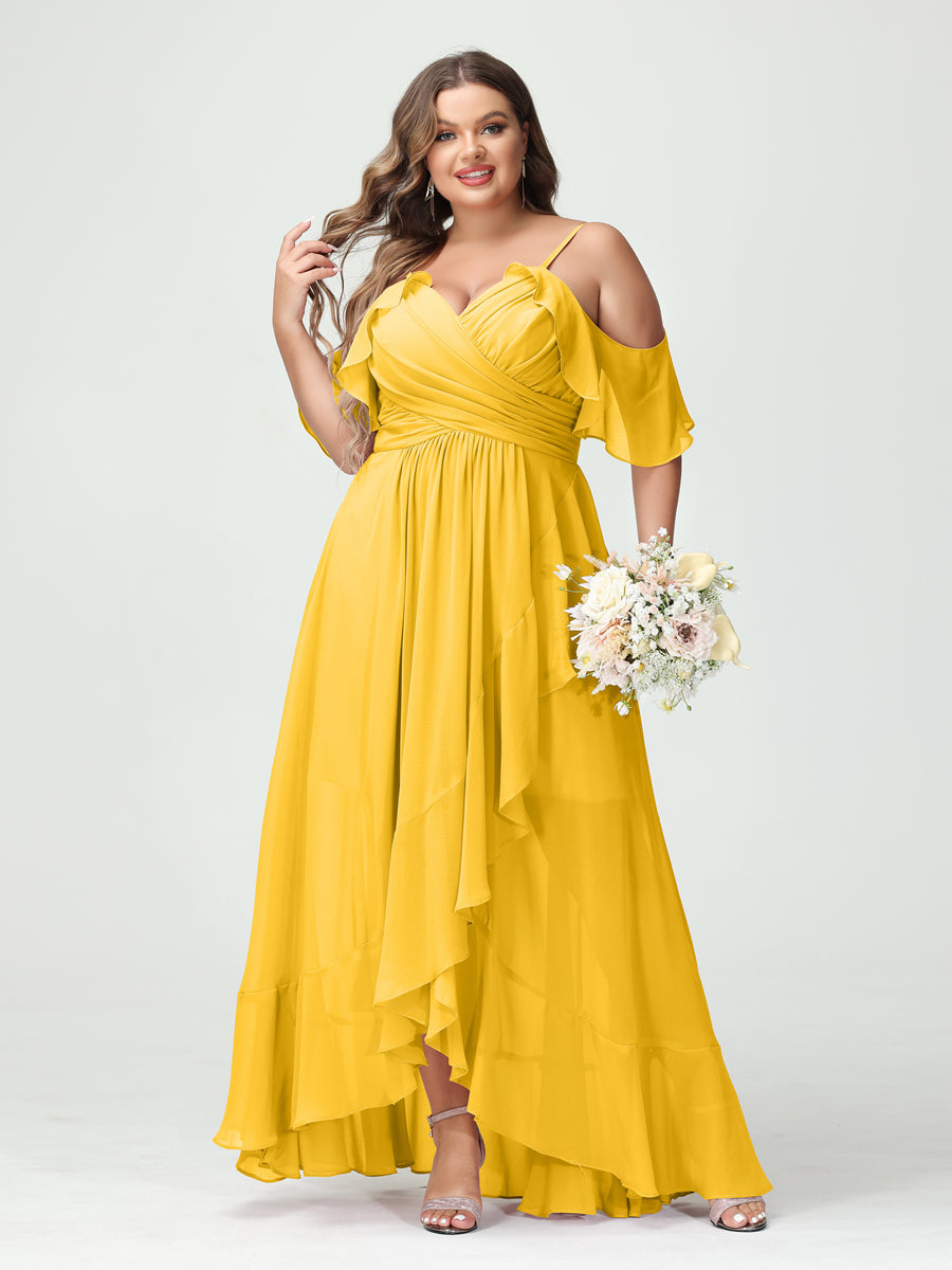 A-Line/Princess Spaghetti Straps V-Neck Short Sleeves Chiffon Asymmetrical Plus Size Bridesmaid Dresses with Ruffles