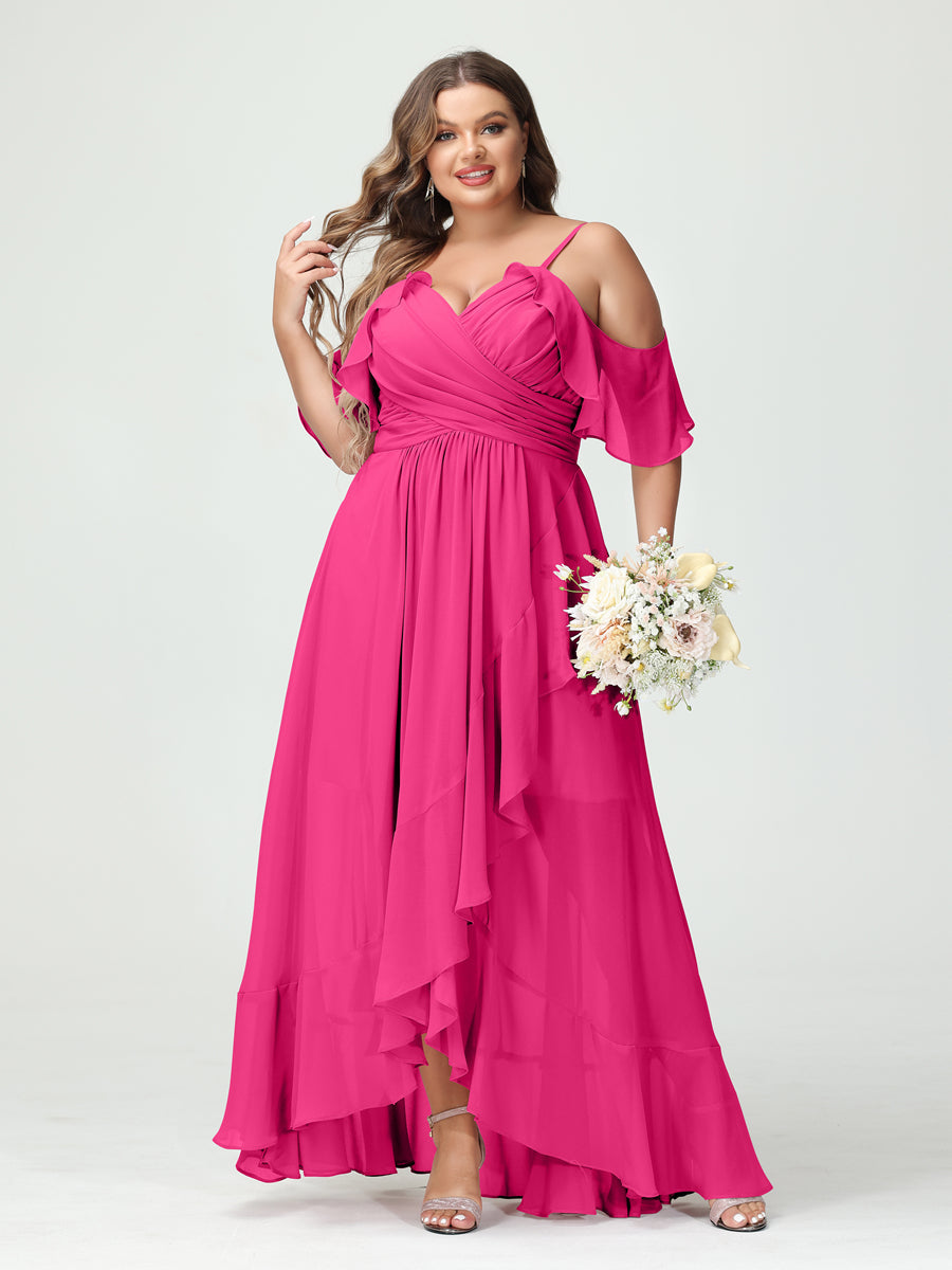A-Line/Princess Spaghetti Straps V-Neck Short Sleeves Chiffon Asymmetrical Plus Size Bridesmaid Dresses with Ruffles
