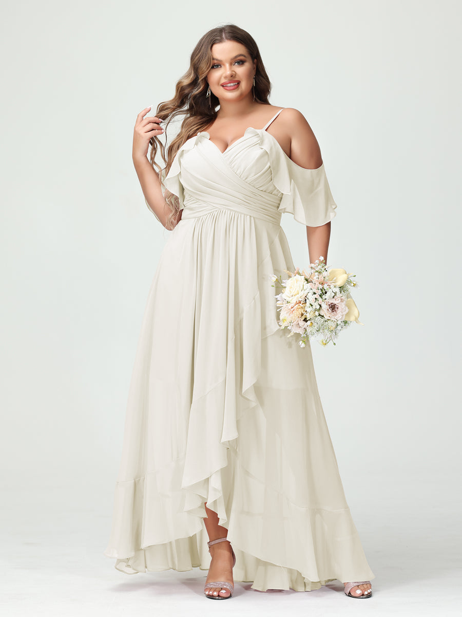 A-Line/Princess Spaghetti Straps V-Neck Short Sleeves Chiffon Asymmetrical Plus Size Bridesmaid Dresses with Ruffles