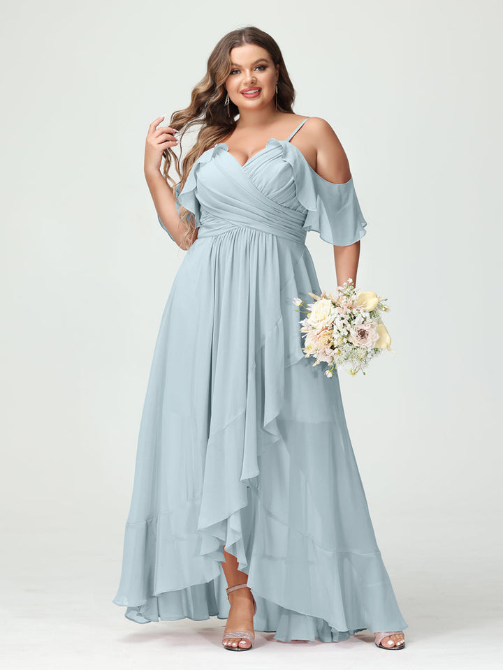 A-Line/Princess Spaghetti Straps V-Neck Short Sleeves Chiffon Asymmetrical Plus Size Bridesmaid Dresses with Ruffles