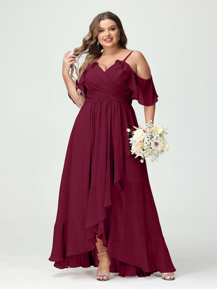 A-Line/Princess Spaghetti Straps V-Neck Short Sleeves Chiffon Asymmetrical Plus Size Bridesmaid Dresses with Ruffles
