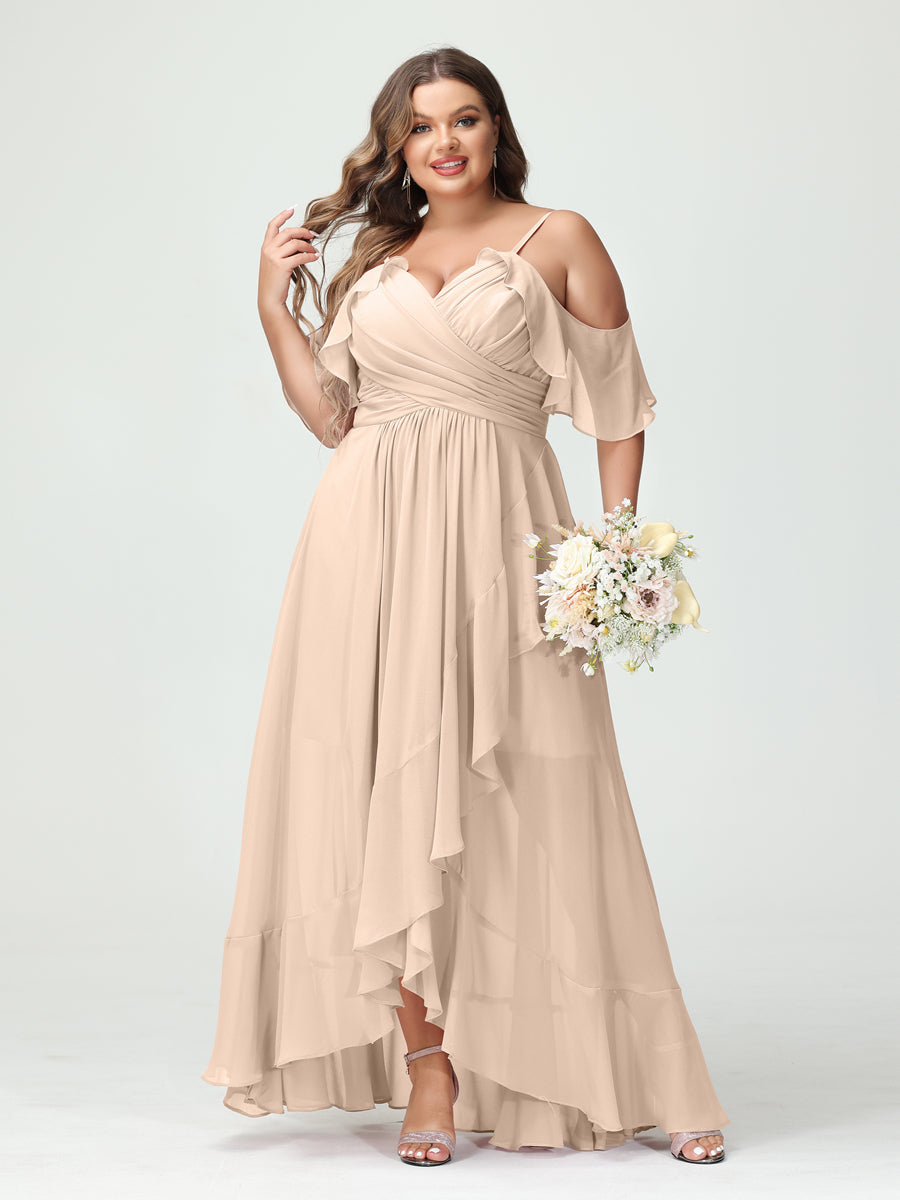 A-Line/Princess Spaghetti Straps V-Neck Short Sleeves Chiffon Asymmetrical Plus Size Bridesmaid Dresses with Ruffles