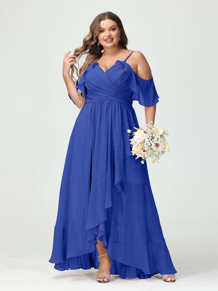 A-Line/Princess Spaghetti Straps V-Neck Short Sleeves Chiffon Asymmetrical Plus Size Bridesmaid Dresses with Ruffles