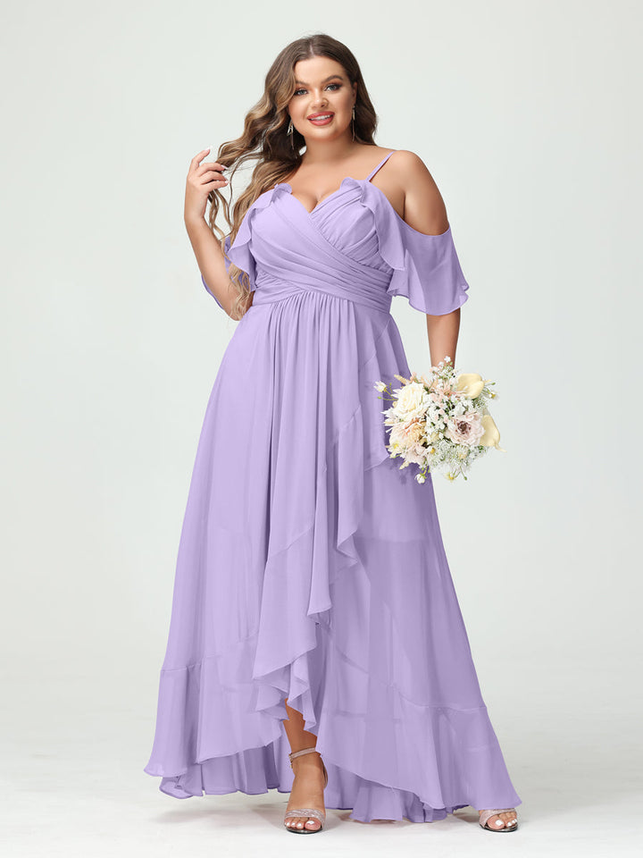 A-Line/Princess Spaghetti Straps V-Neck Short Sleeves Chiffon Asymmetrical Plus Size Bridesmaid Dresses with Ruffles