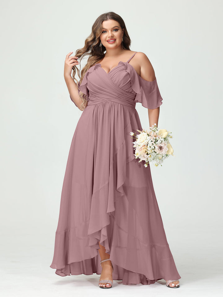 A-Line/Princess Spaghetti Straps V-Neck Short Sleeves Chiffon Asymmetrical Plus Size Bridesmaid Dresses with Ruffles