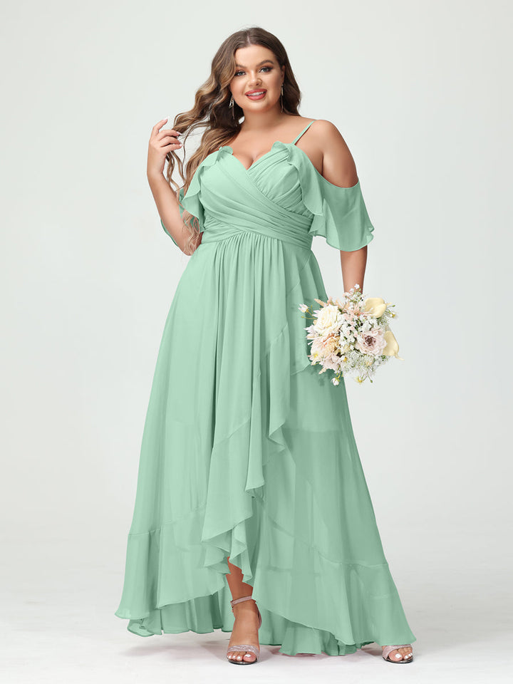 A-Line/Princess Spaghetti Straps V-Neck Short Sleeves Chiffon Asymmetrical Plus Size Bridesmaid Dresses with Ruffles