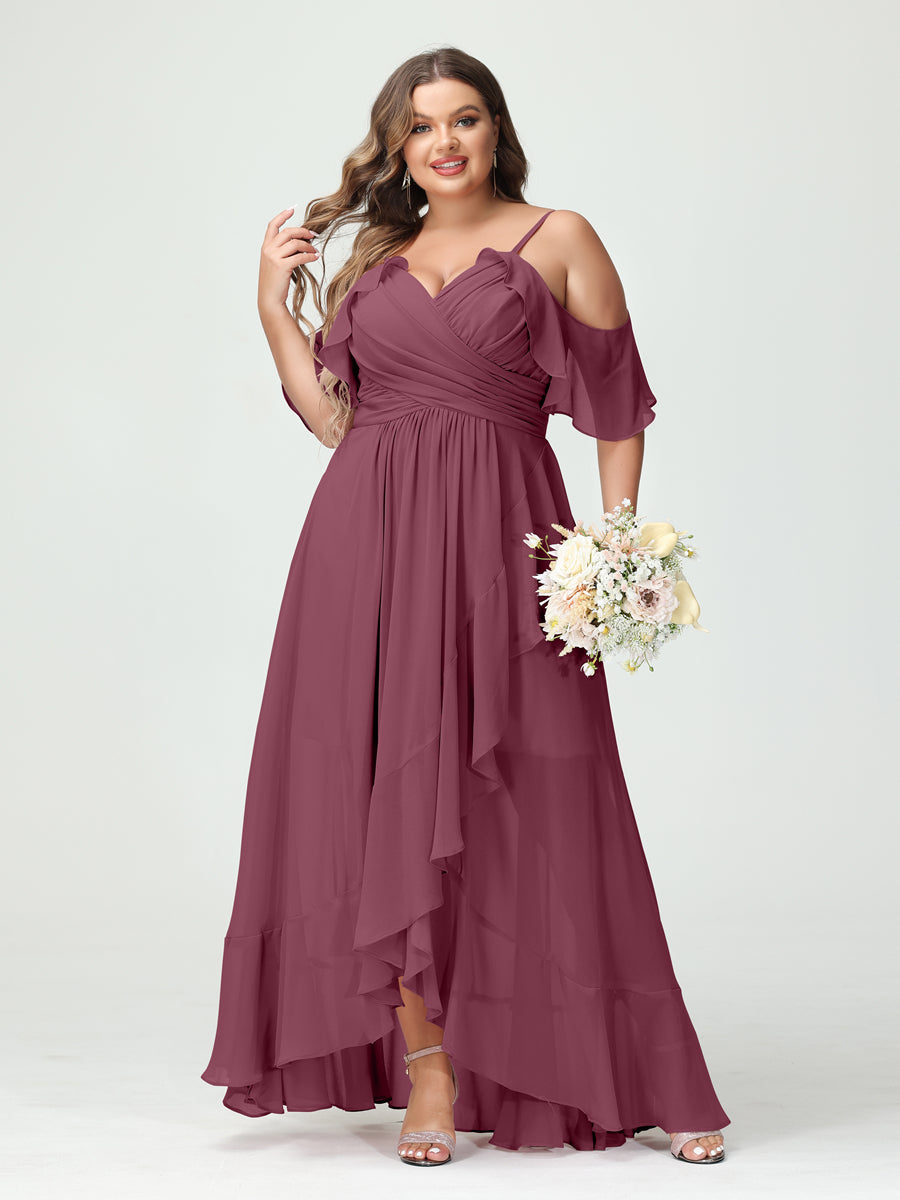 A-Line/Princess Spaghetti Straps V-Neck Short Sleeves Chiffon Asymmetrical Plus Size Bridesmaid Dresses with Ruffles
